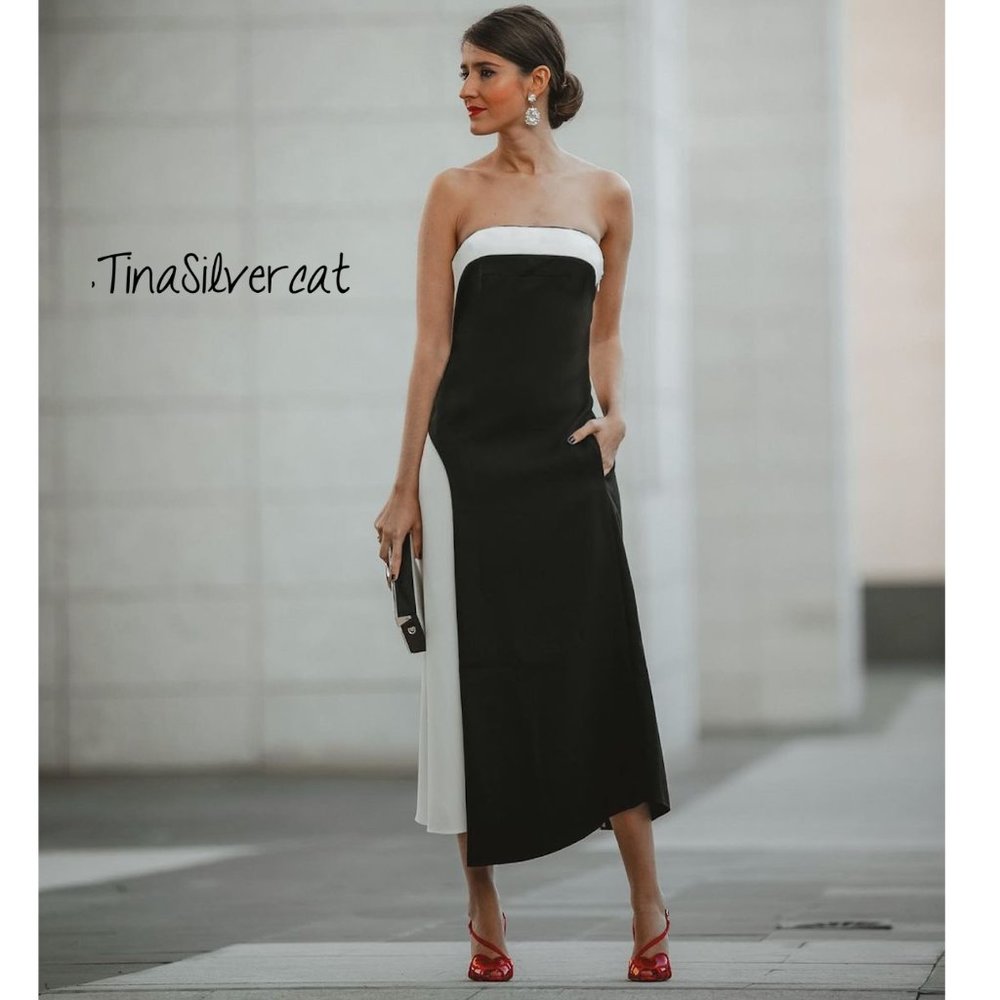 BLOGGER'S FAVE! Zara Black White Wool Blend Midi Dress Sz L NWT
